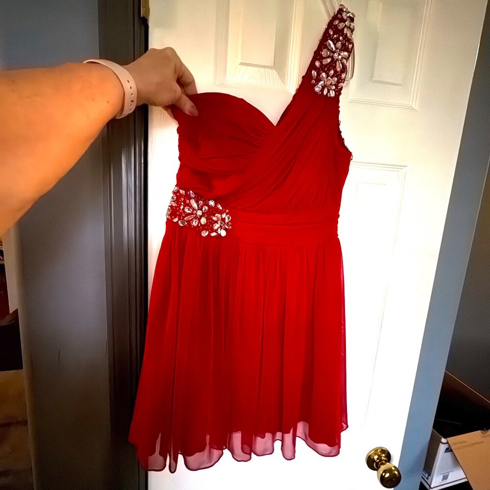 Womens Size L Red One Shoulder Mini Dress with Rhinestone Accents - EUC